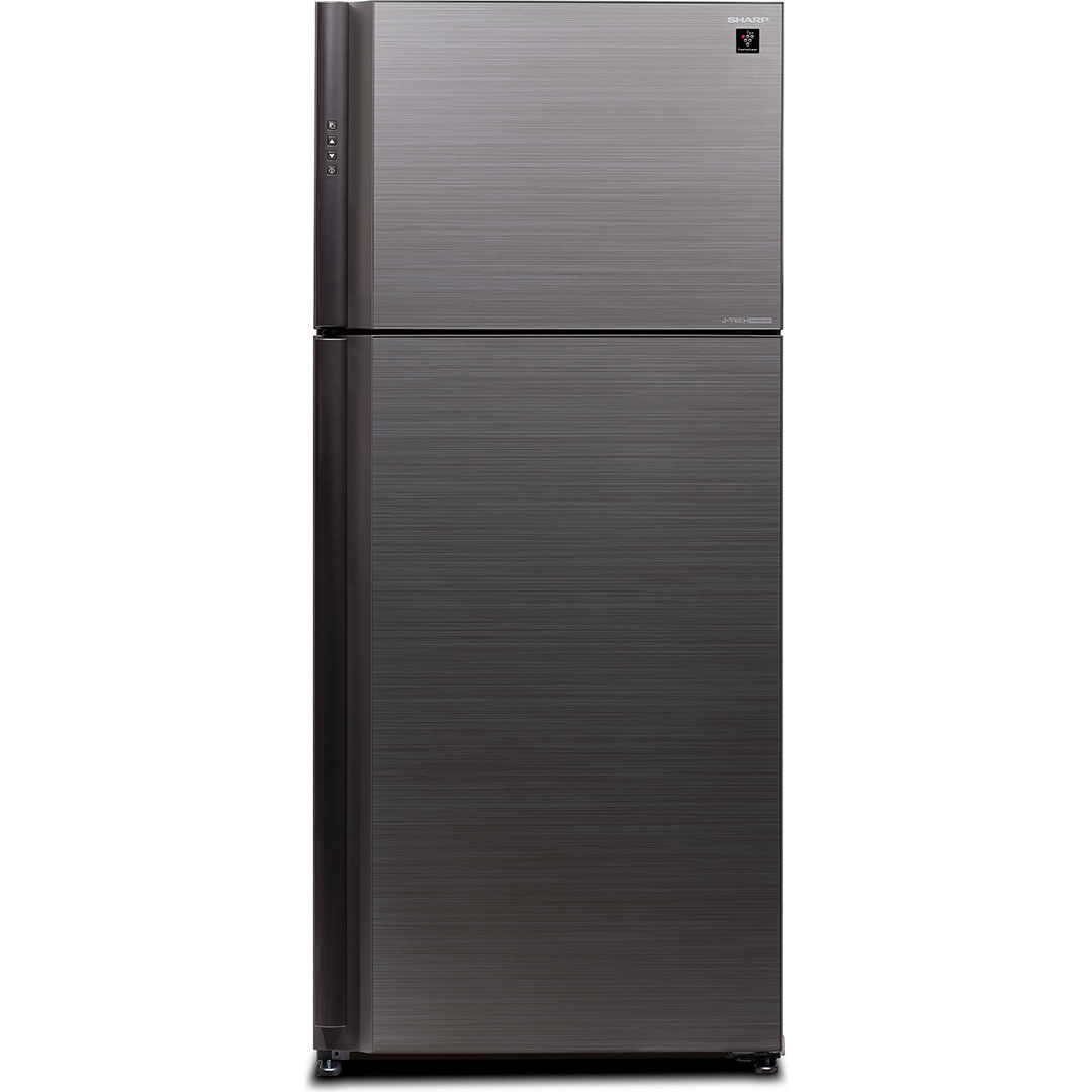 Холодильник, 2х дверный, верхняя морозилка, серебристый, стекло, класс A++, SJ-XP59PG-SL