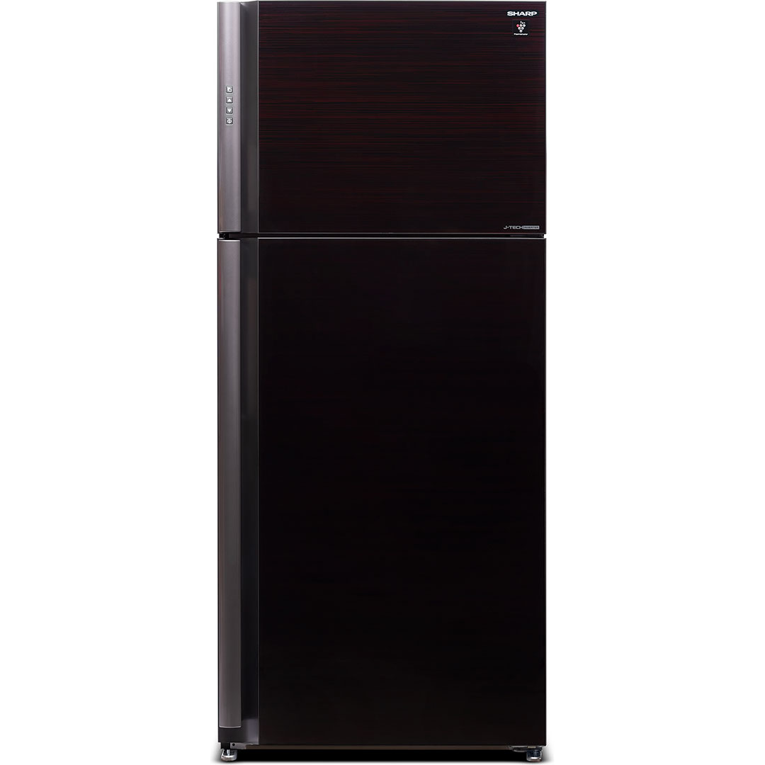 Холодильник, 2х дверный, верхняя морозилка, черный, стекло, класс A++, SJ-XP59PG-RD