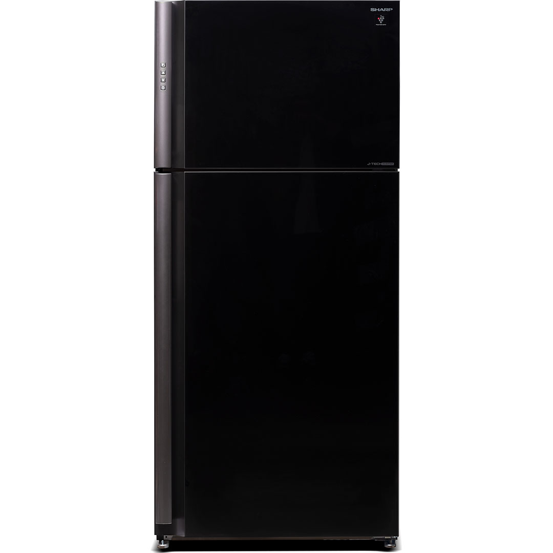 Холодильник, 2х дверный, верхняя морозилка, черный, стекло, класс A++, SJ-XP59PG-BK
