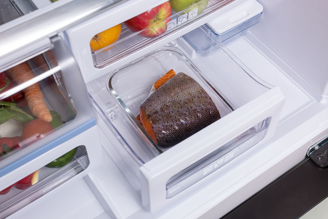 Холодильник, 4х дверный, нижняя морозилка, цвет: черный, стекло, класс энергоэффективности A, SJ-FS97V-BK (SJFS97VBK)